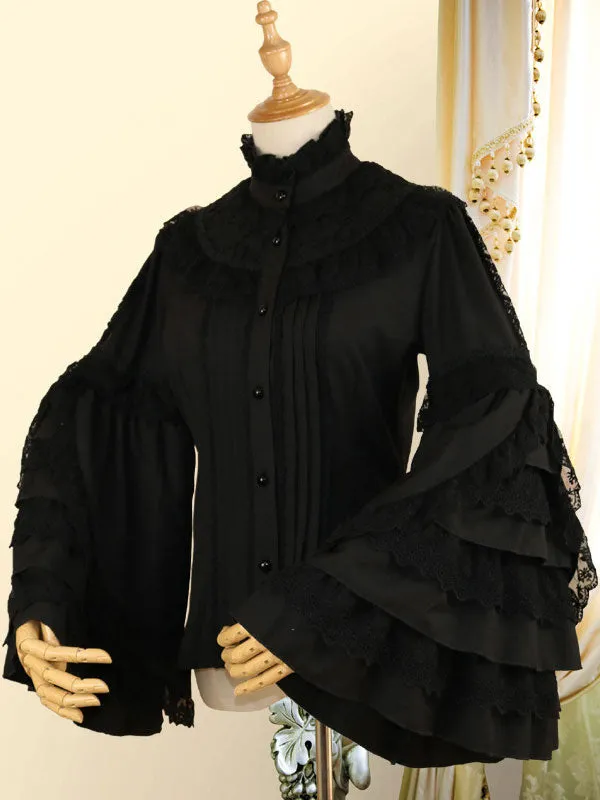 Classic Lolita Shirt Bow Lace Layered Ruffle Chiffon White Lolita Blouse