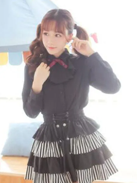 Classic Lolita Shirt Ruffle Bowknot Button Chiffon Black Lolita Blouse