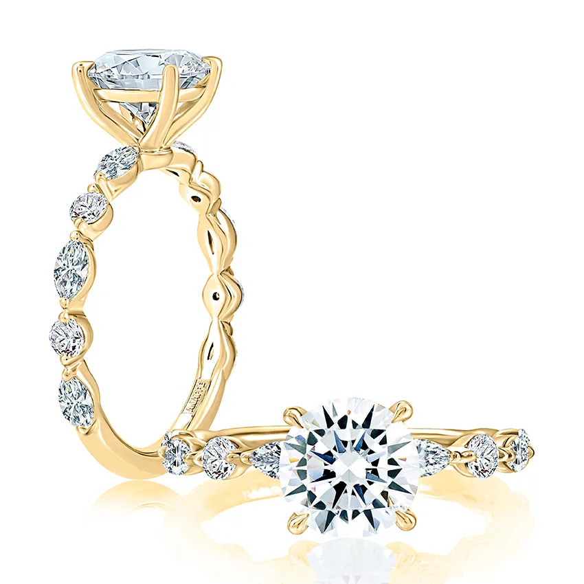 Classic Round Center Stone Diamond Engagment Ring with Alternating Shape Stones Band