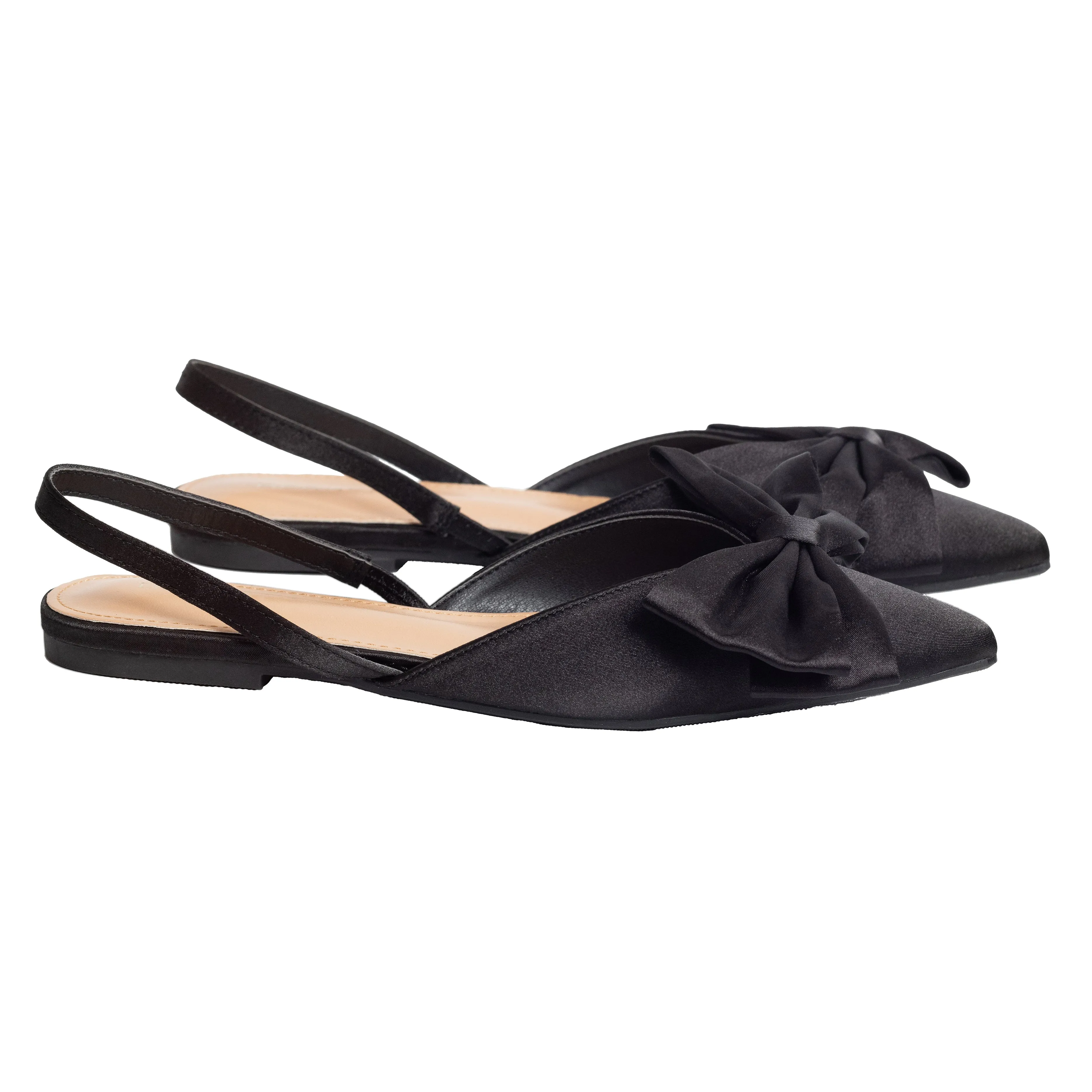 Claudia - Bow-Detailed Satin Flats, Slingback & Pointed Toe Design, Timelessly Sophisticated for Day-to-Night Versatility