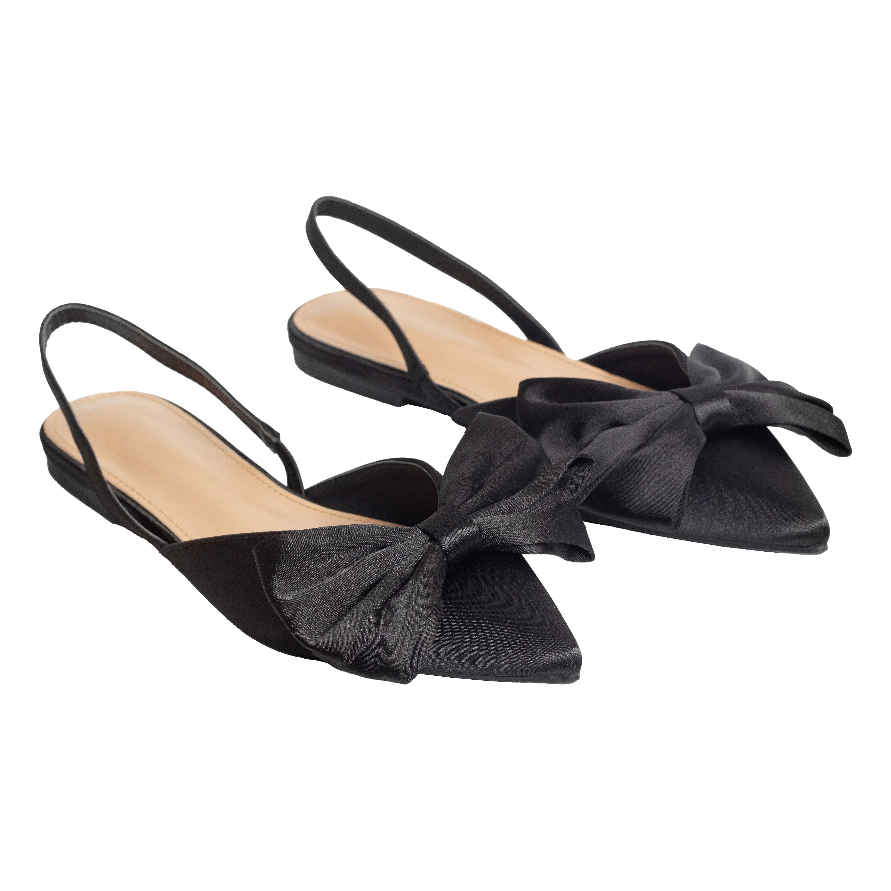 Claudia - Bow-Detailed Satin Flats, Slingback & Pointed Toe Design, Timelessly Sophisticated for Day-to-Night Versatility