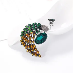 Clear Cubic Zirconia & Silver-Plated Peacock Brooch