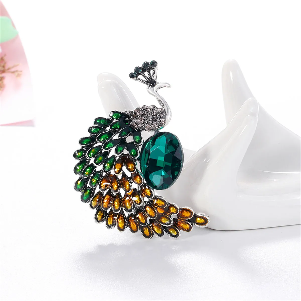 Clear Cubic Zirconia & Silver-Plated Peacock Brooch