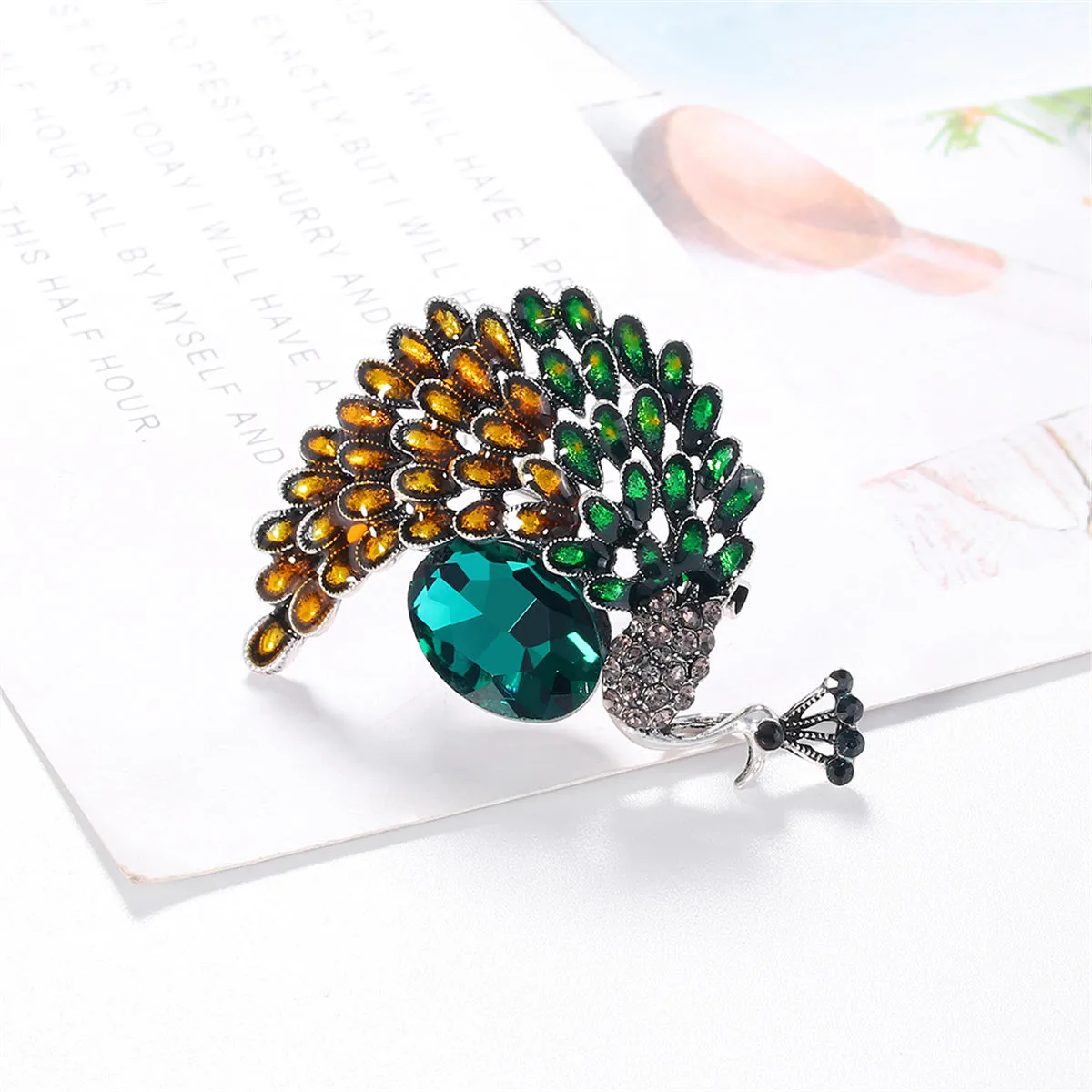 Clear Cubic Zirconia & Silver-Plated Peacock Brooch