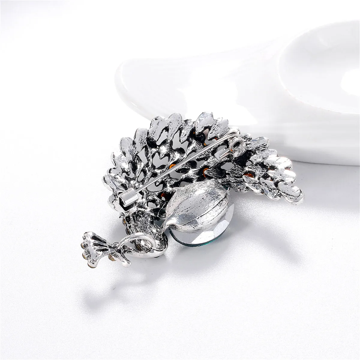 Clear Cubic Zirconia & Silver-Plated Peacock Brooch