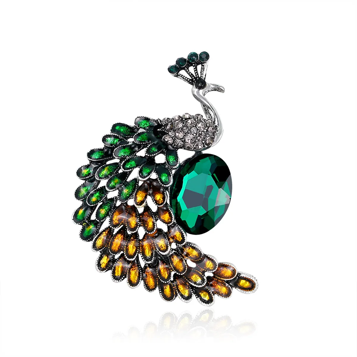 Clear Cubic Zirconia & Silver-Plated Peacock Brooch