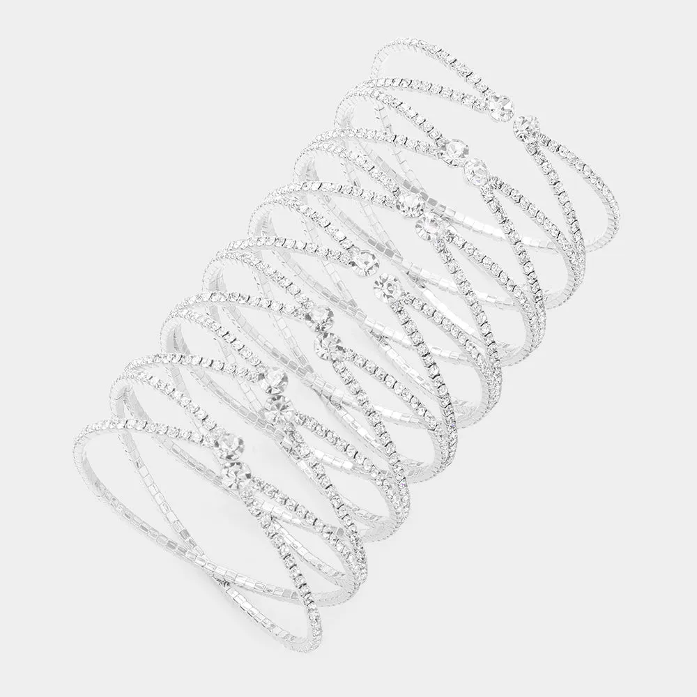 Clear Round Stone Long Crisscross Cuff Pageant Bracelet on Silver |  590658