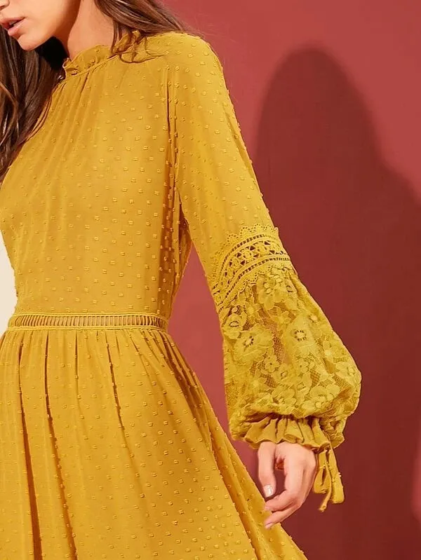 CM-DS014234 Women Bohemian Style Lace Lantern Sleeve Swiss Dot Flounce Dress - Yellow