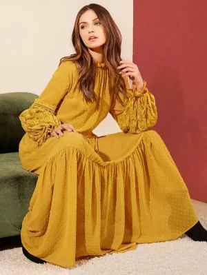 CM-DS014234 Women Bohemian Style Lace Lantern Sleeve Swiss Dot Flounce Dress - Yellow