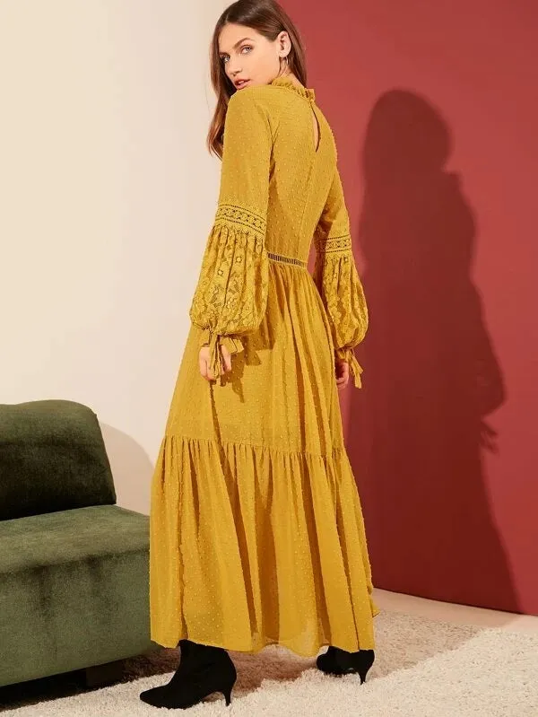 CM-DS014234 Women Bohemian Style Lace Lantern Sleeve Swiss Dot Flounce Dress - Yellow