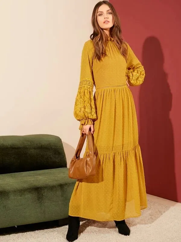 CM-DS014234 Women Bohemian Style Lace Lantern Sleeve Swiss Dot Flounce Dress - Yellow
