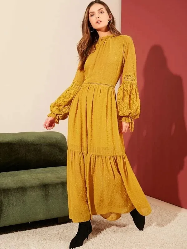 CM-DS014234 Women Bohemian Style Lace Lantern Sleeve Swiss Dot Flounce Dress - Yellow
