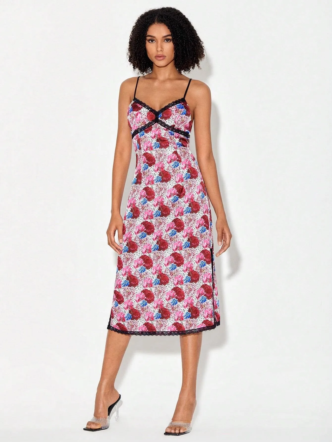 CM-DS071302 Women Casual Seoul Styel Allover Floral Print Contrast Lace Cami Dress