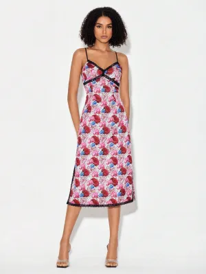 CM-DS071302 Women Casual Seoul Styel Allover Floral Print Contrast Lace Cami Dress