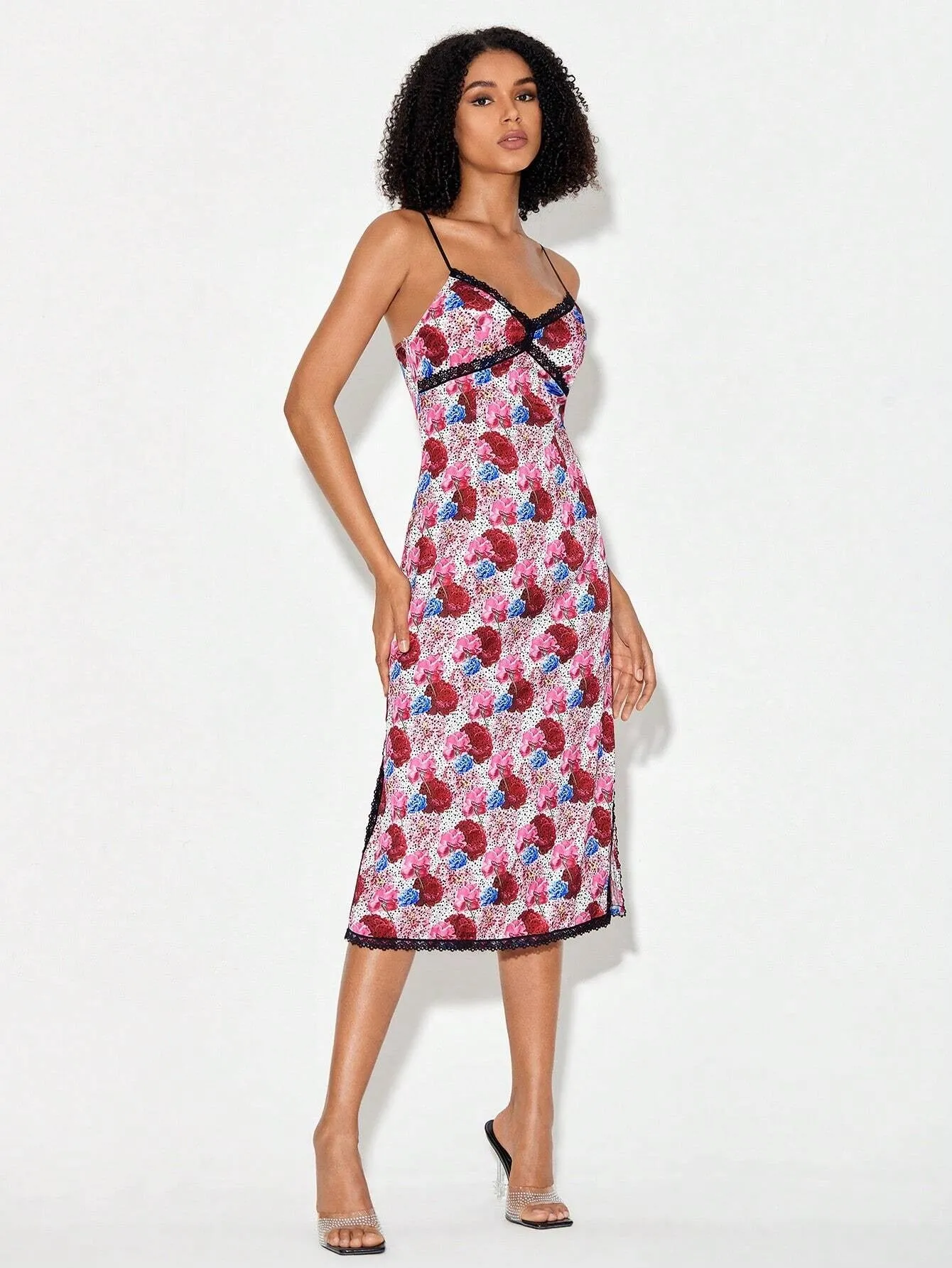 CM-DS071302 Women Casual Seoul Styel Allover Floral Print Contrast Lace Cami Dress