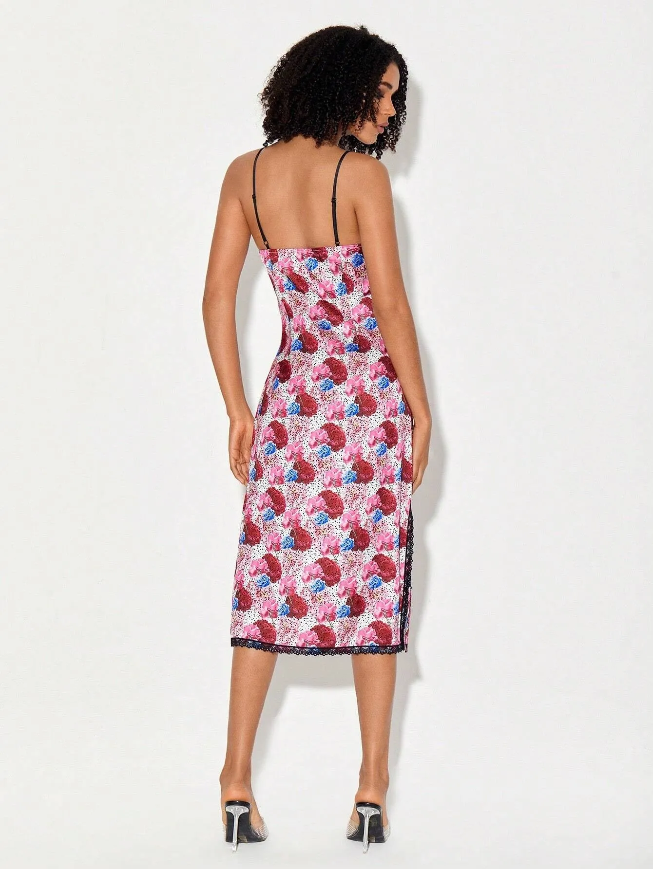 CM-DS071302 Women Casual Seoul Styel Allover Floral Print Contrast Lace Cami Dress