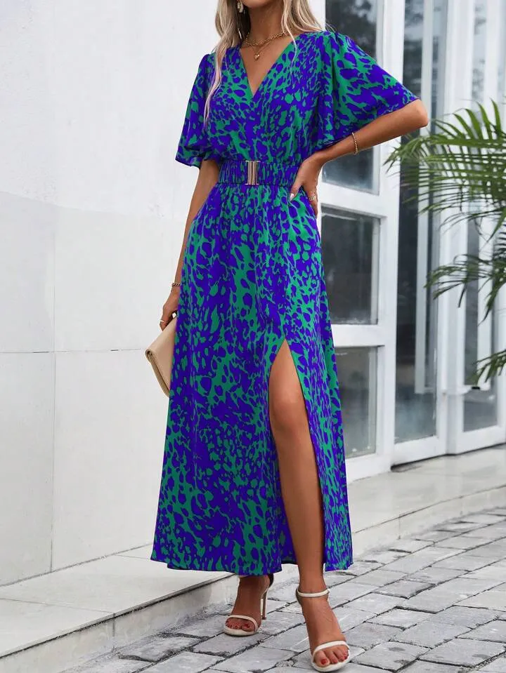 CM-DS183693 Women Trendy Bohemian Style All-Over Print Overlapping V-Neck Ruffle Short Sleeves Dress