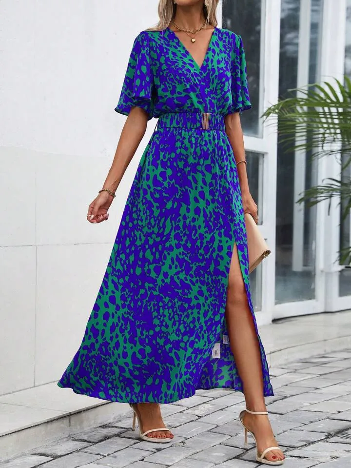CM-DS183693 Women Trendy Bohemian Style All-Over Print Overlapping V-Neck Ruffle Short Sleeves Dress