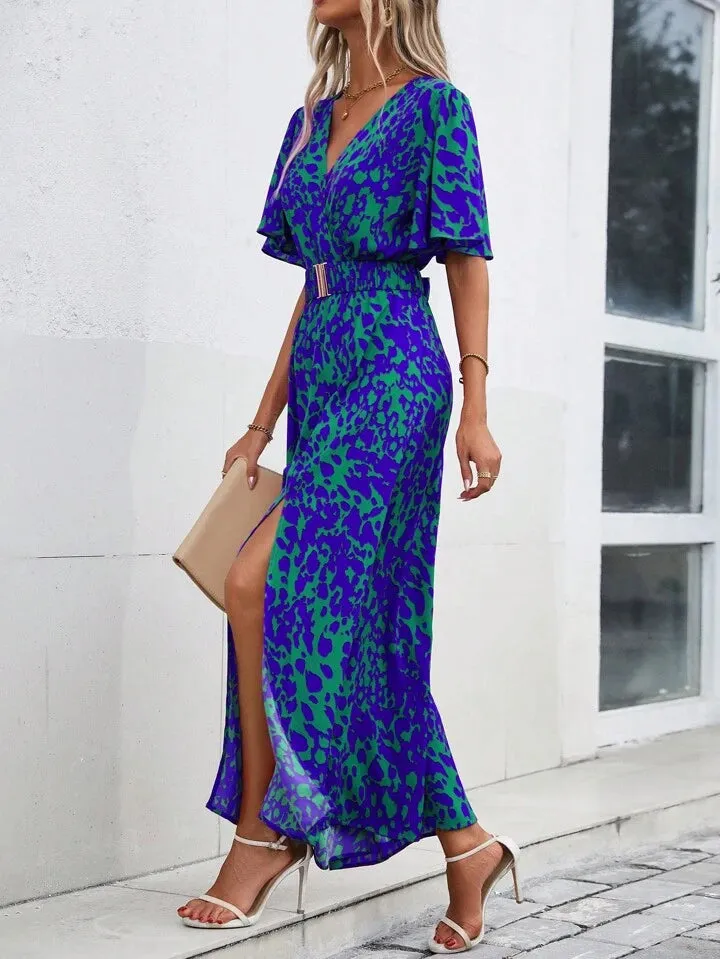 CM-DS183693 Women Trendy Bohemian Style All-Over Print Overlapping V-Neck Ruffle Short Sleeves Dress