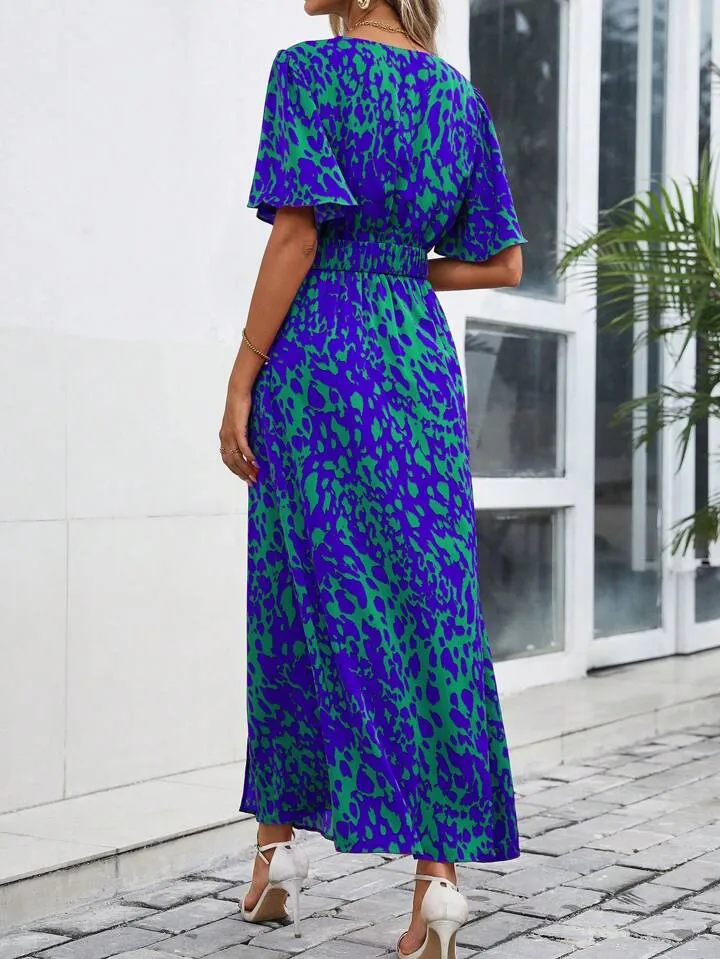 CM-DS183693 Women Trendy Bohemian Style All-Over Print Overlapping V-Neck Ruffle Short Sleeves Dress