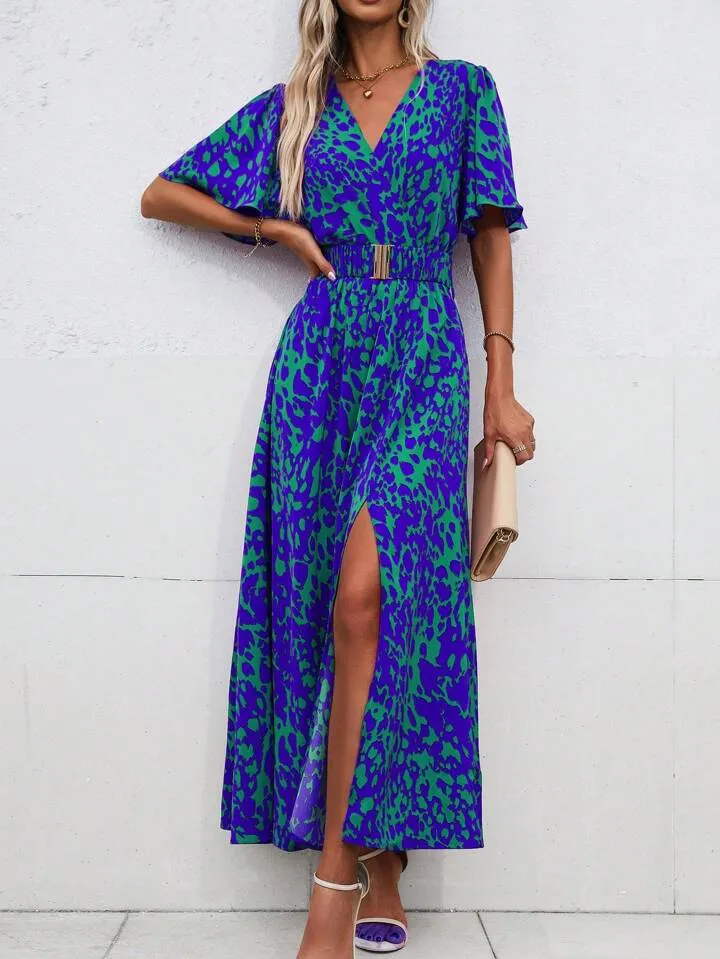 CM-DS183693 Women Trendy Bohemian Style All-Over Print Overlapping V-Neck Ruffle Short Sleeves Dress