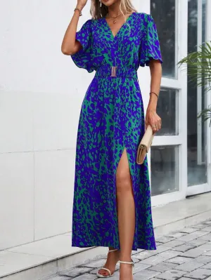CM-DS183693 Women Trendy Bohemian Style All-Over Print Overlapping V-Neck Ruffle Short Sleeves Dress