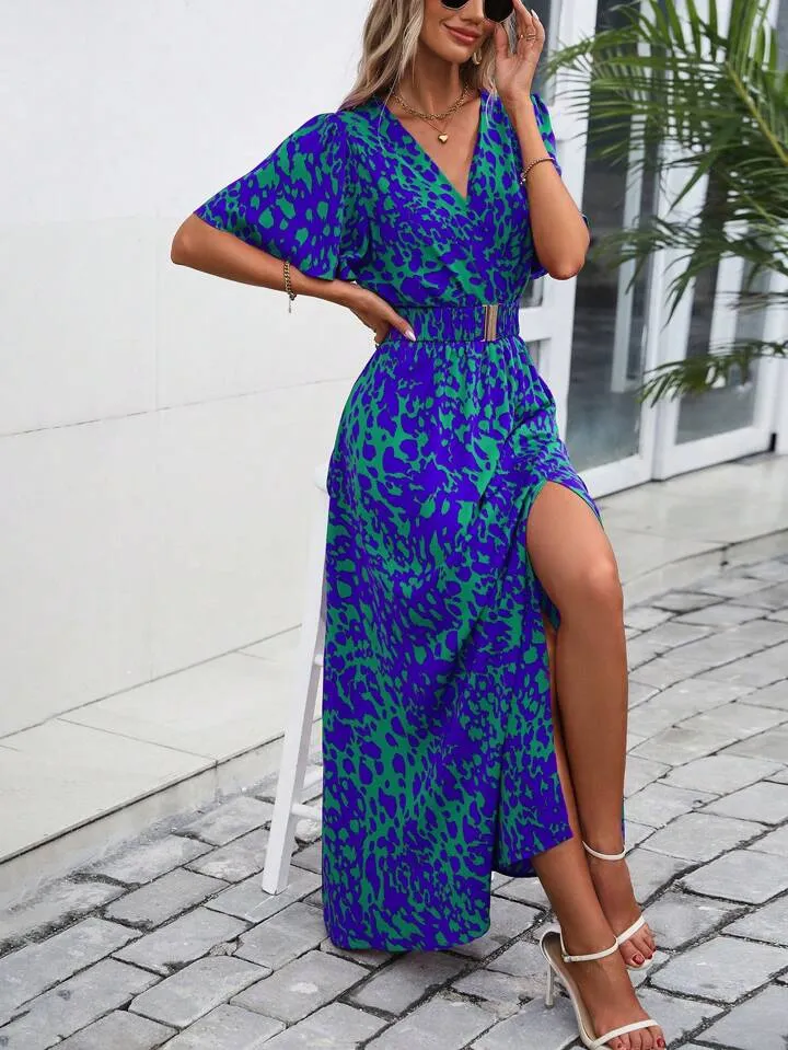 CM-DS183693 Women Trendy Bohemian Style All-Over Print Overlapping V-Neck Ruffle Short Sleeves Dress