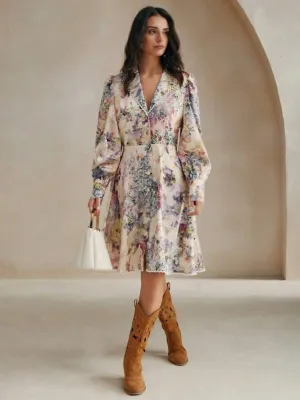 CM-DS404840 Women Trendy Bohemian Style V-Neck Long Sleeve All-Over Floral Print Lantern Sleeve Dress