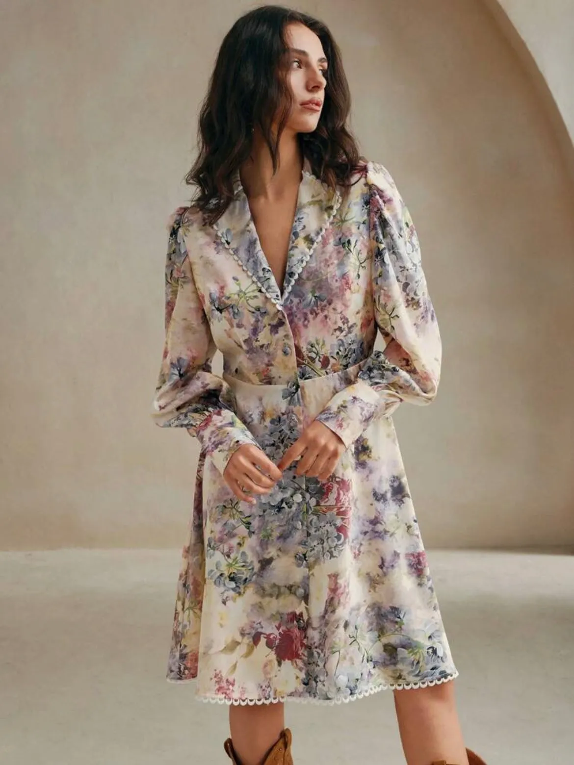 CM-DS404840 Women Trendy Bohemian Style V-Neck Long Sleeve All-Over Floral Print Lantern Sleeve Dress