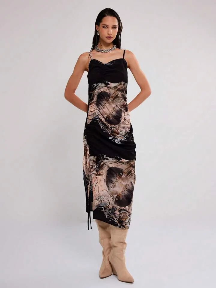 CM-DS409556 Women Casual Seoul Style Mesh Ruched Strappy Sleeveless Midi Dress