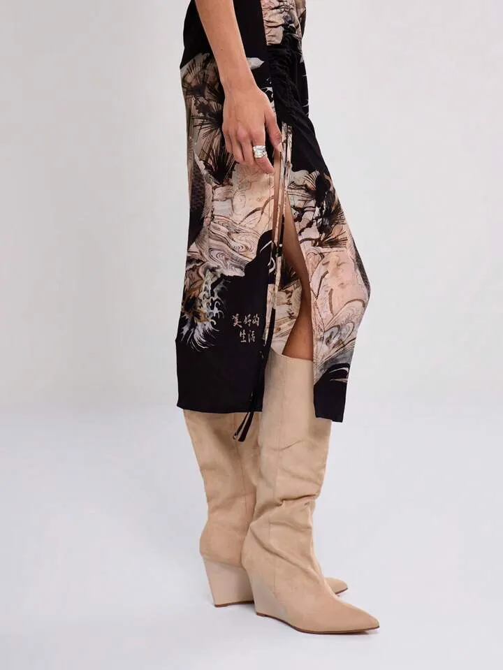 CM-DS409556 Women Casual Seoul Style Mesh Ruched Strappy Sleeveless Midi Dress