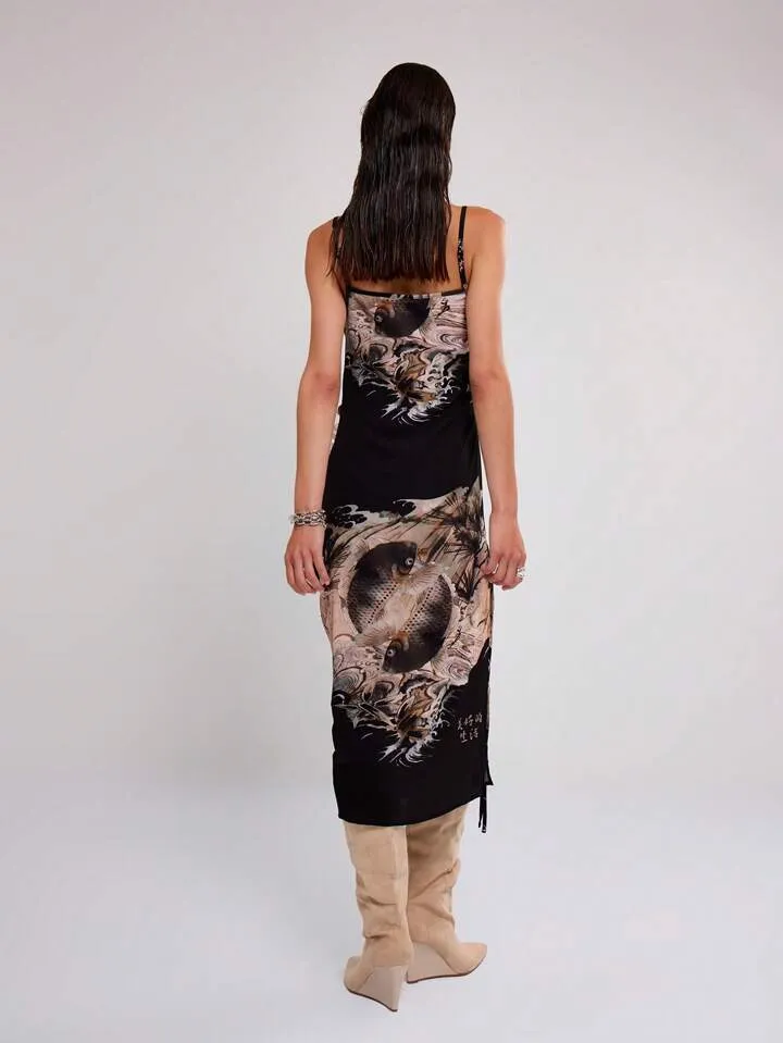 CM-DS409556 Women Casual Seoul Style Mesh Ruched Strappy Sleeveless Midi Dress