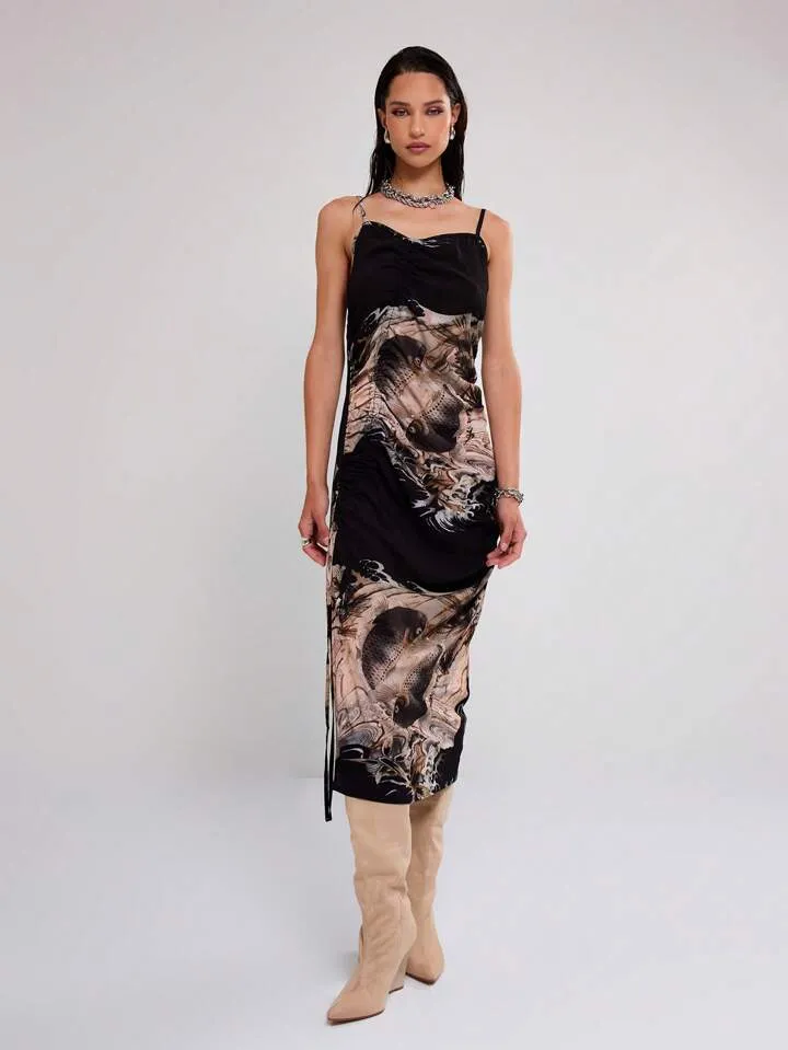 CM-DS409556 Women Casual Seoul Style Mesh Ruched Strappy Sleeveless Midi Dress