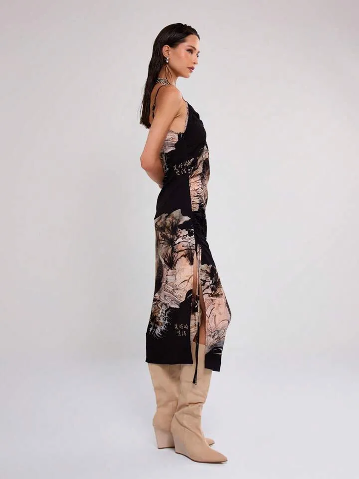 CM-DS409556 Women Casual Seoul Style Mesh Ruched Strappy Sleeveless Midi Dress