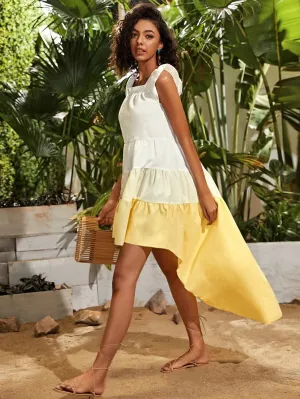 CM-DS410710 Women Trendy Bohemian Style Cap Sleeve Ruffle Trim Colorblock Asymmetrical Dress