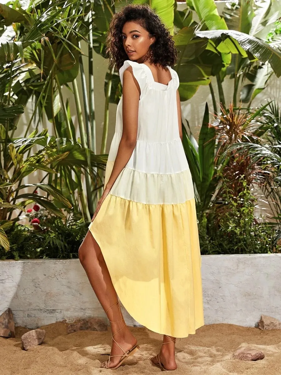 CM-DS410710 Women Trendy Bohemian Style Cap Sleeve Ruffle Trim Colorblock Asymmetrical Dress