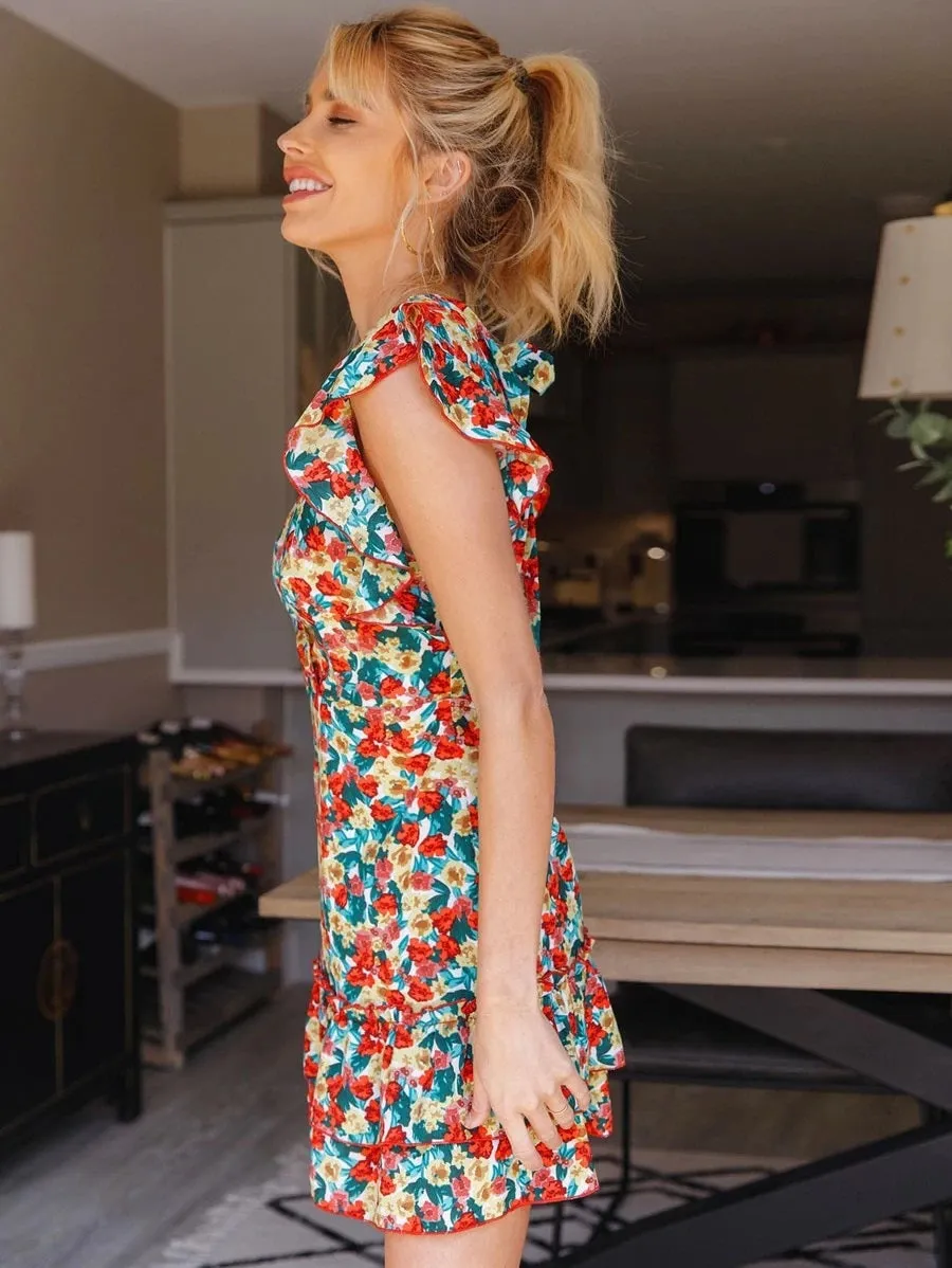 CM-DS416701 Women Casual Seoul Style Plunging Tied Backless Ruffle Trim Floral Print Dress