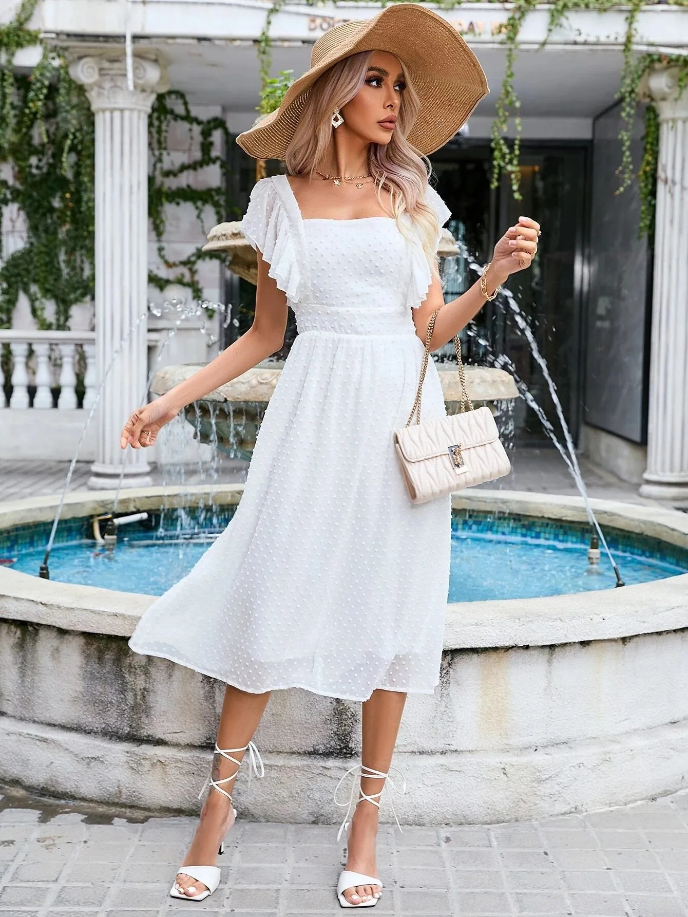 CM-DS493993 Women Trendy Bohemian Style Swiss Dot Ruffle Trim A-Line Dress - White