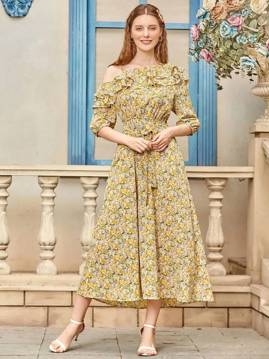 CM-DS513754 Women Trendy Bohemian Style Floral Symmetrical Neck Ruffle Trim Belted Dress