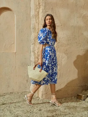 CM-DS601469 Women Trendy Bohemian Style Scoop Neck Floral Print Tie Back Cut-Out Dress