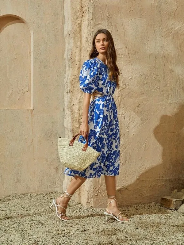 CM-DS601469 Women Trendy Bohemian Style Scoop Neck Floral Print Tie Back Cut-Out Dress