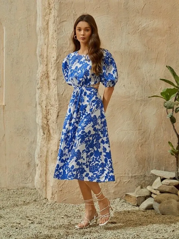 CM-DS601469 Women Trendy Bohemian Style Scoop Neck Floral Print Tie Back Cut-Out Dress