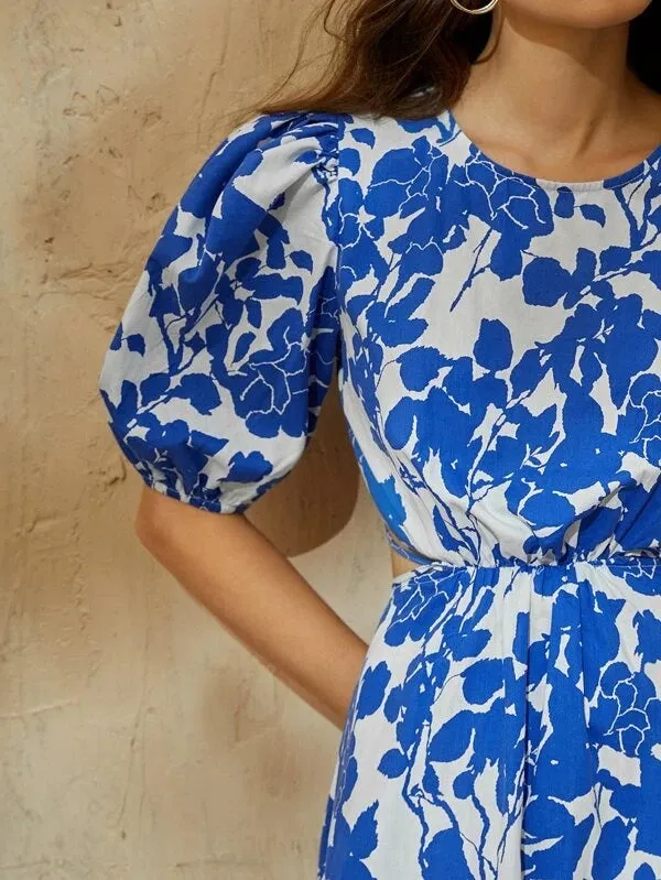 CM-DS601469 Women Trendy Bohemian Style Scoop Neck Floral Print Tie Back Cut-Out Dress