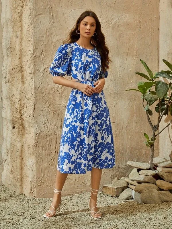 CM-DS601469 Women Trendy Bohemian Style Scoop Neck Floral Print Tie Back Cut-Out Dress