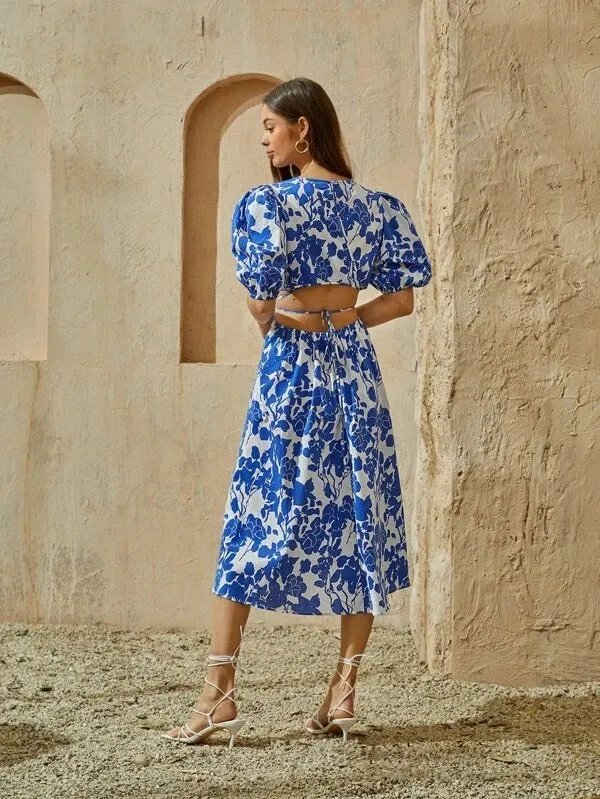 CM-DS601469 Women Trendy Bohemian Style Scoop Neck Floral Print Tie Back Cut-Out Dress