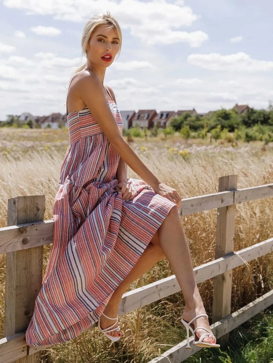 CM-DS609600 Women Trendy Bohemian Style Sleeveless Striped Maxi Cami Dress - Red