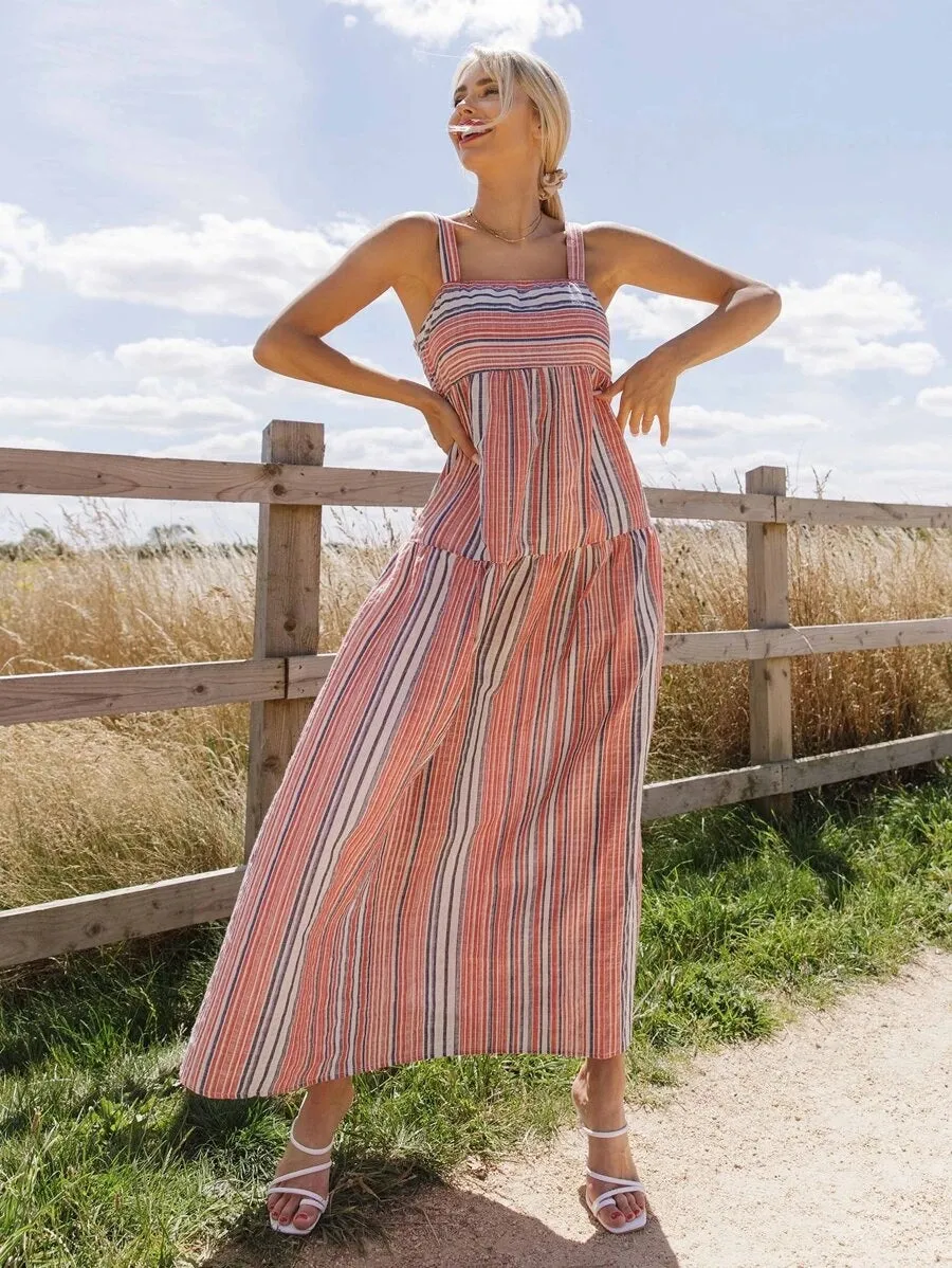 CM-DS609600 Women Trendy Bohemian Style Sleeveless Striped Maxi Cami Dress - Red