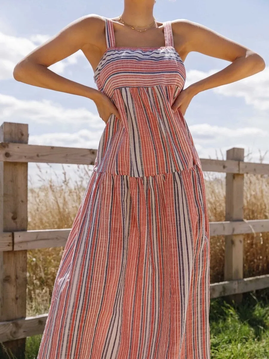 CM-DS609600 Women Trendy Bohemian Style Sleeveless Striped Maxi Cami Dress - Red