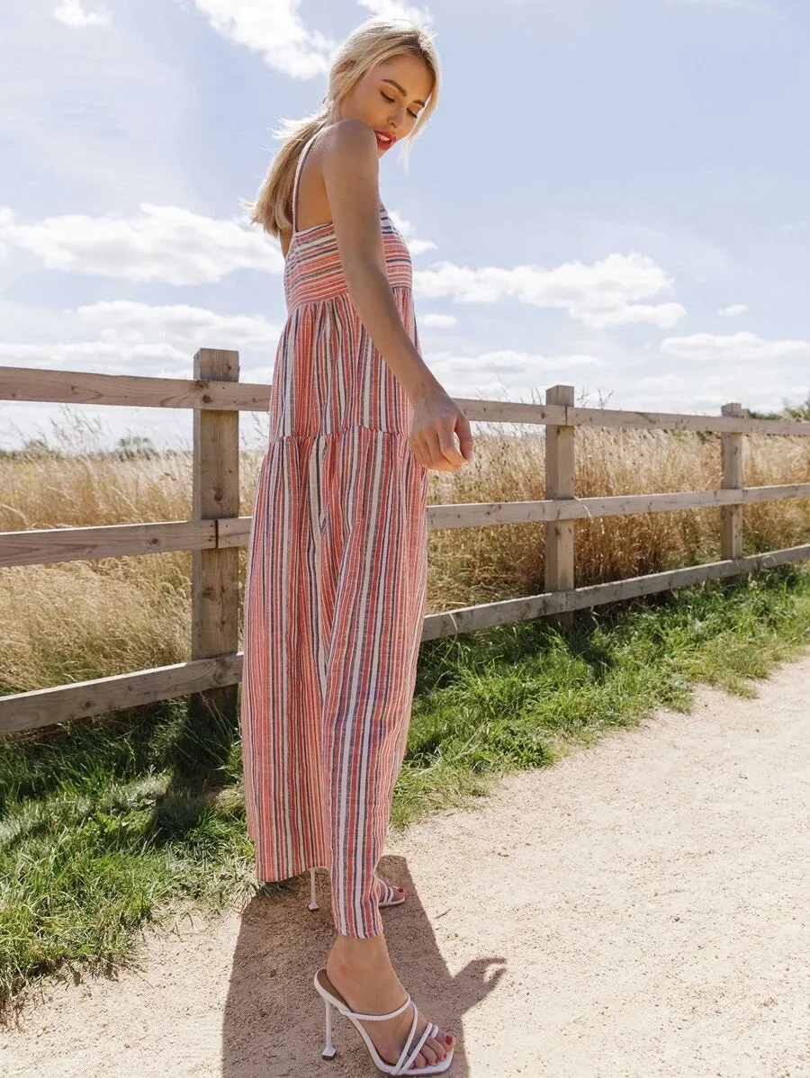 CM-DS609600 Women Trendy Bohemian Style Sleeveless Striped Maxi Cami Dress - Red