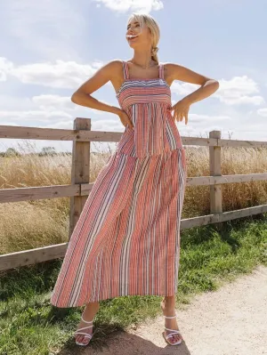 CM-DS609600 Women Trendy Bohemian Style Sleeveless Striped Maxi Cami Dress - Red